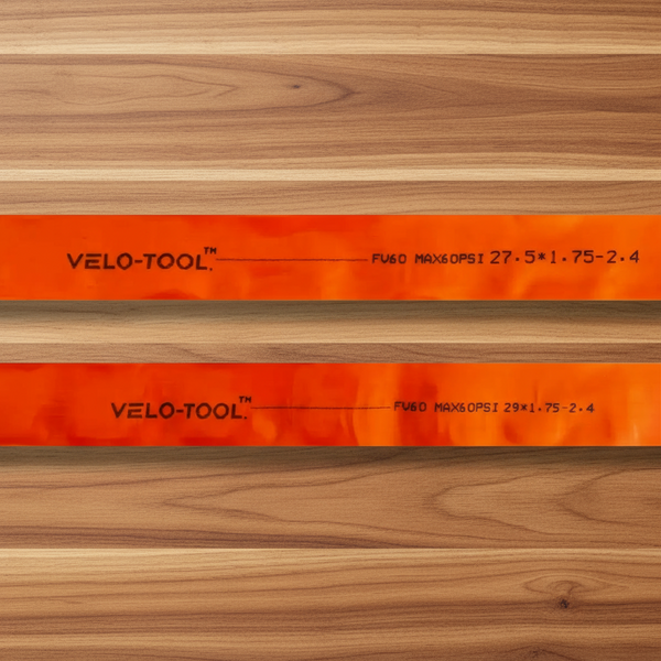 Two red bicycle inner tubes with 'VELO-TOOL' branding on a white background