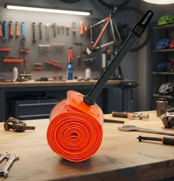 Orange bicycle inner tube with black valve on a white background