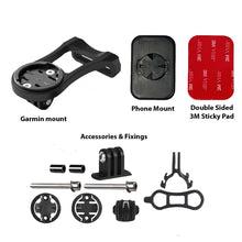 Collection of bike mount accessories including Garmin mount, phone mount, and 3M sticky pad on a white background.