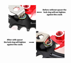 lock ring with and without a spacer on a bicycle chainring.