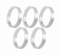 Five metallic allunminium rings on a white background
