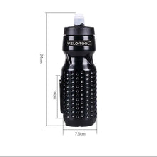 Black water bottle with measurements on a white background