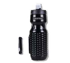 Black Velo-Tool water bottle with attached tool on a white background