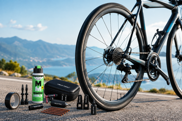 Velotool related products next to a bike in a mountain scenery 