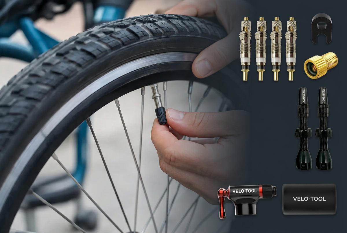 Bicycle valve inspection with Velo-Tool Presta valve cores, black tubeless valves and CO2 inflator.