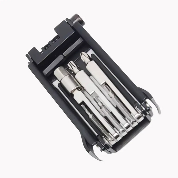 Black multi-tool with various components on a white background