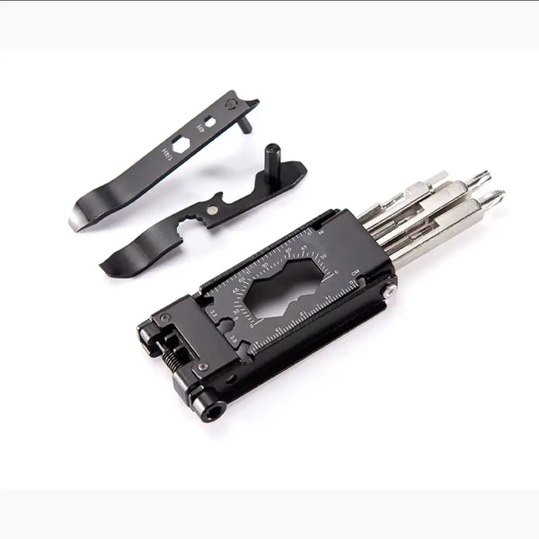 Multi-tool with various components on a white background