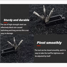 Multi-tool with features highlighted on a black background