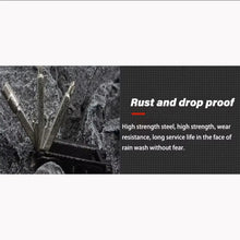 Set of screwdrivers with text about rust and drop proof properties on a black background