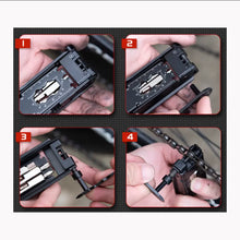 Step-by-step demonstration of using a small tool set on a chain.