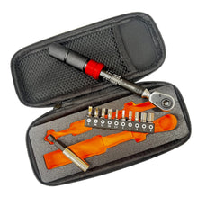 Tool kit with ratchet wrench and bits in an open case on a white background
