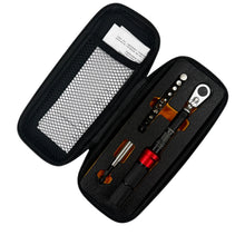 Black carrying case with mesh pocket and various tools inside on a white background