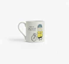 Mug with a cyclist illustration and text on a white background