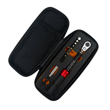 Black carrying case with tools on a white background