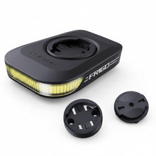 A black Friso bicycle light with a yellow LED light bar illuminated, shown alongside two black mounting caps on a white background.