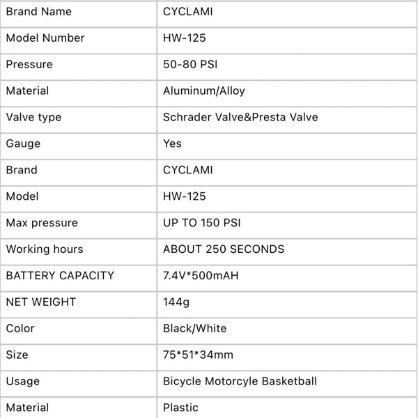 Pump specification