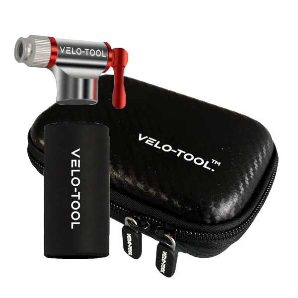 Velo-Tool tire inflator with black case on a white background