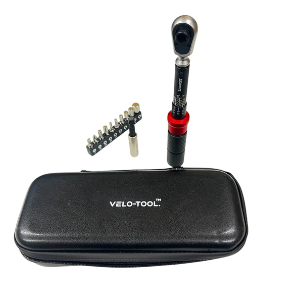 Velotool tool set with black case on a white background