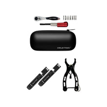 Bicycle tool kit with various tools and a black case on a white background