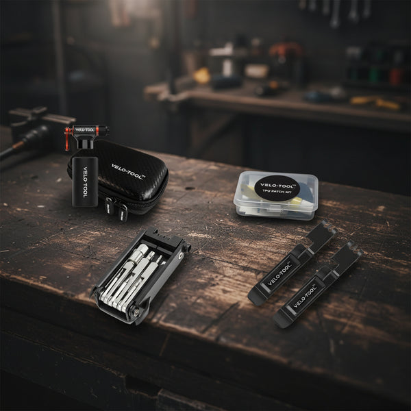 VeloTool tool kit on a wooden surface with a workshop background