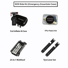 SOS Ride Kit with Co2 Inflator, TPU Patch Kit, 23-in-1 Multitool, and Tyre Lever Set on a white background.
