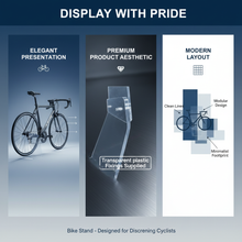 Bike stand display with features highlighted on a blue background