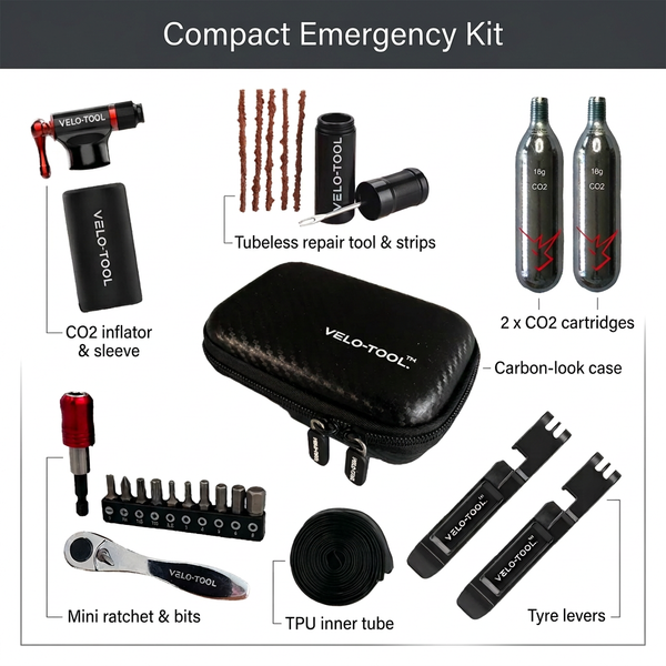 Velo-Tool Compact Emergency Kit featuring a black carbon-look carrying case, CO2 inflator with sleeve, two CO2 cartridges, tubeless repair tool and strips, a mini ratchet with bits, TPU inner tube, and tyre levers, all arranged on a white background with a dark header reading 'Compact Emergency Kit'.