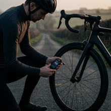 Cyclist inflating a road bike tyre with the electric pump at dawn