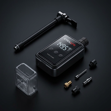 Dark product photo of the Elite Electric Inflator bundle contents
