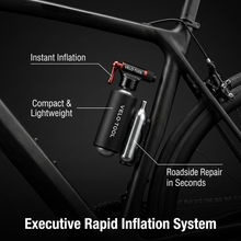 Executive Rapid Inflation System infographic with CO2 pump on a bike frame and feature callouts