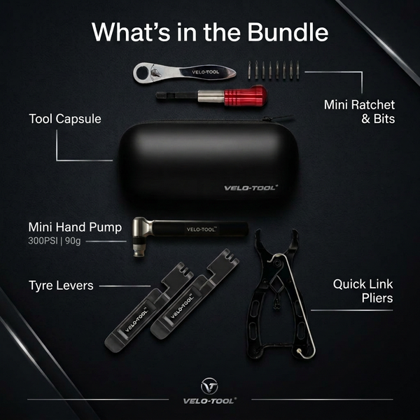 Race-Ready Tool Capsule contents infographic including 300PSI 90g mini hand pump