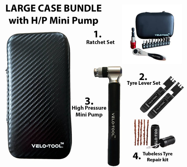 Large case bundle with H/P mini pump, ratchet set, tyre lever set, high pressure mini pump, and tubeless tyre repair kit by Velo-Tool.