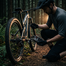 Mountain biker inflating a tyre with the electric pump on a forest trail at dusk