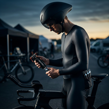 Time-trial rider preparing at a race event with the Velo-Tool CO2 pump