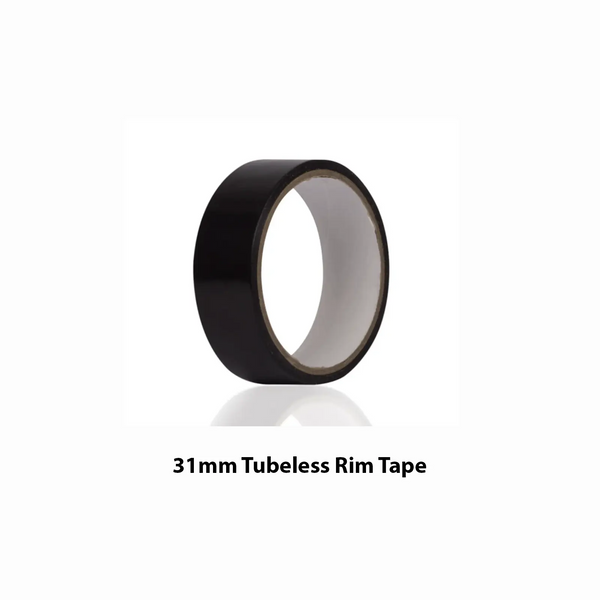 Roll of black tubeless rim tape on a white background with text '31mm Tubeless Rim Tape'.