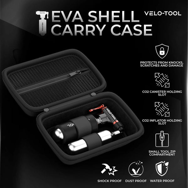 EVA shell carry case with CO2 inflator and canister on a black background