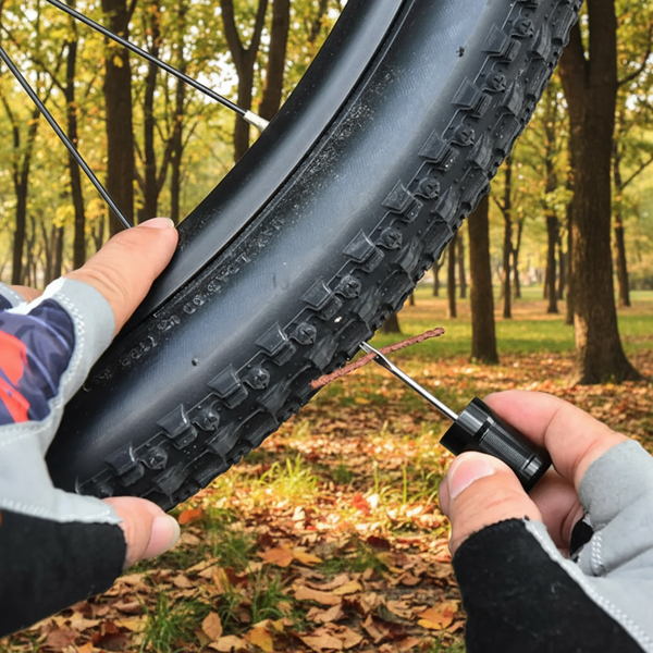 Person repairing a bicycle tire with a tool on a concrete surface