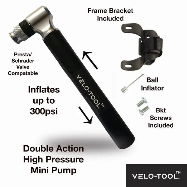 Velo-Tool mini pump with frame bracket, ball inflator, and screws on a white background