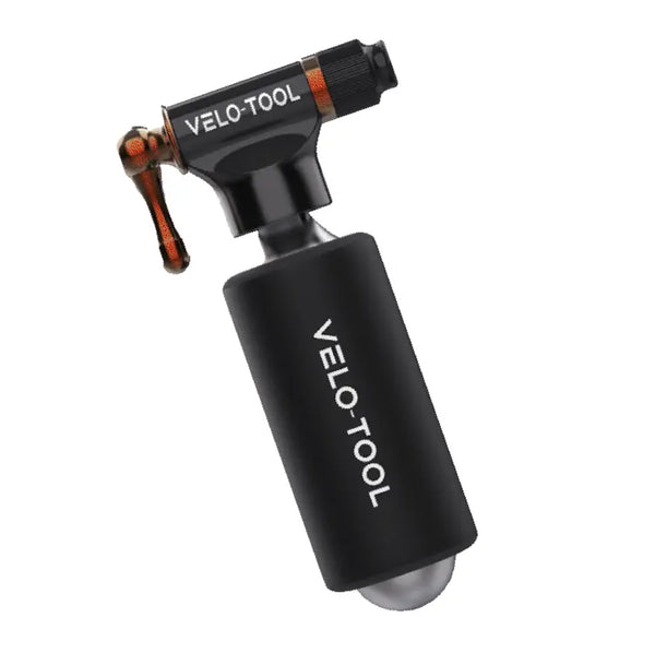 Black Velo-Tool tire inflator on a white background